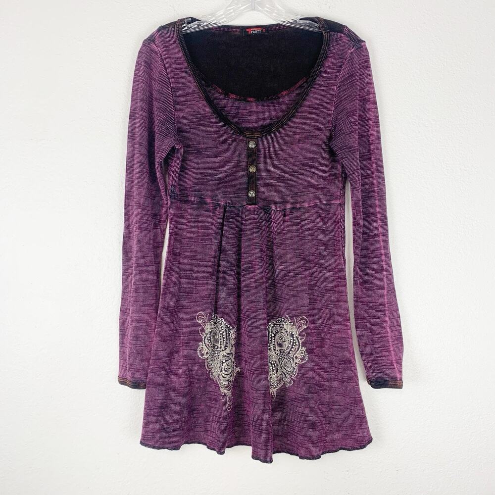 T-Party Shirt Womens Medium Tunic Rhinestone Embellished Top McBling y2k